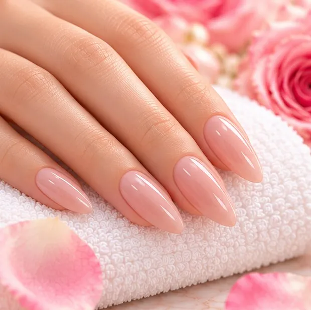 Illustration: soft pink almond nails on a white towel