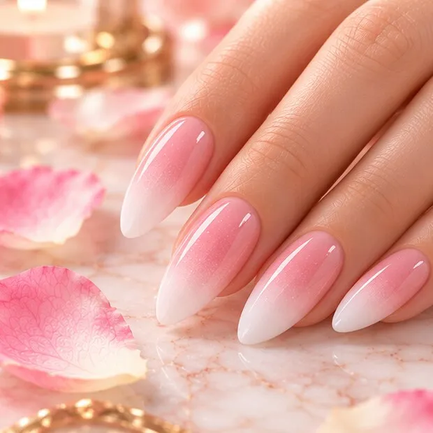 Illustration: pink to white ombré nails with rose petals