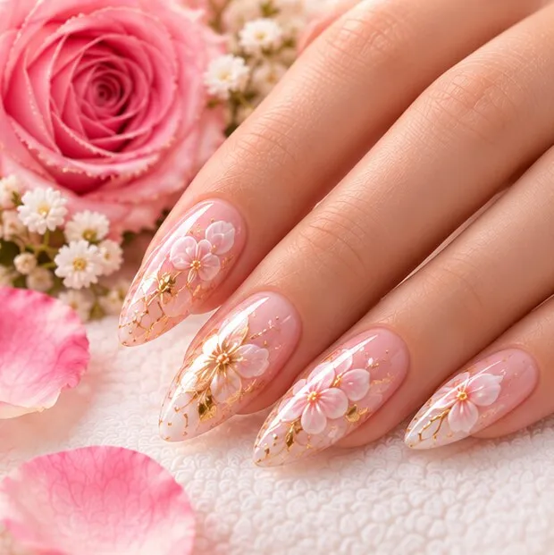 Illustration: floral nail art with gold foil