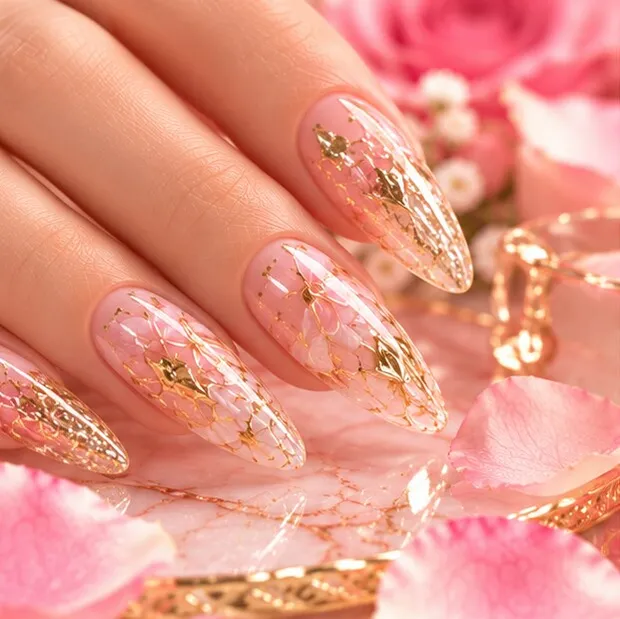 Illustration: gold flake nail art on almond nails