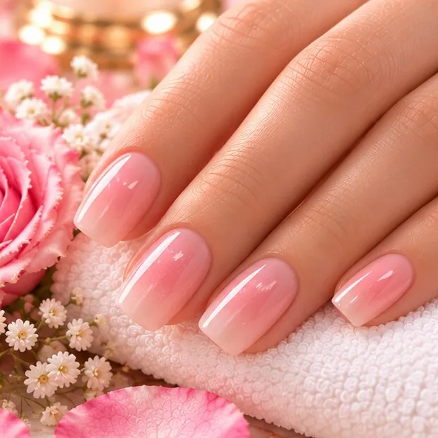 Illustration: glossy ombré pink nails with baby's breath flowers