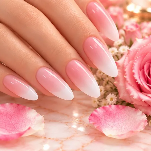 Illustration: long ombré nails with rose petals