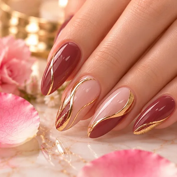 Illustration: burgundy nails with gold lines