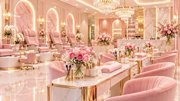 Illustration of a pink and gold nail salon interior (placeholder until real salon photos are available)